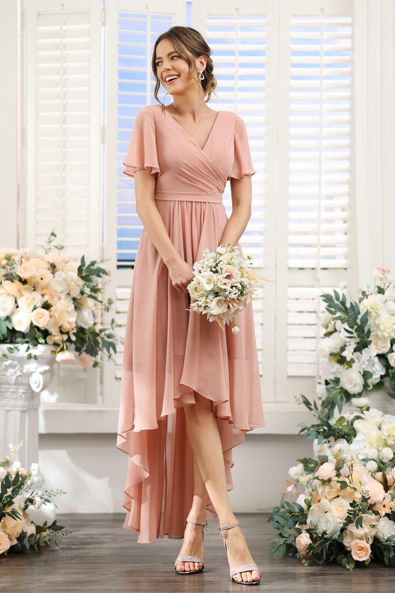 A-Line V-Neck Short Sleeves Ruched Asymmetrical Chiffon Bridesmaid Dresses