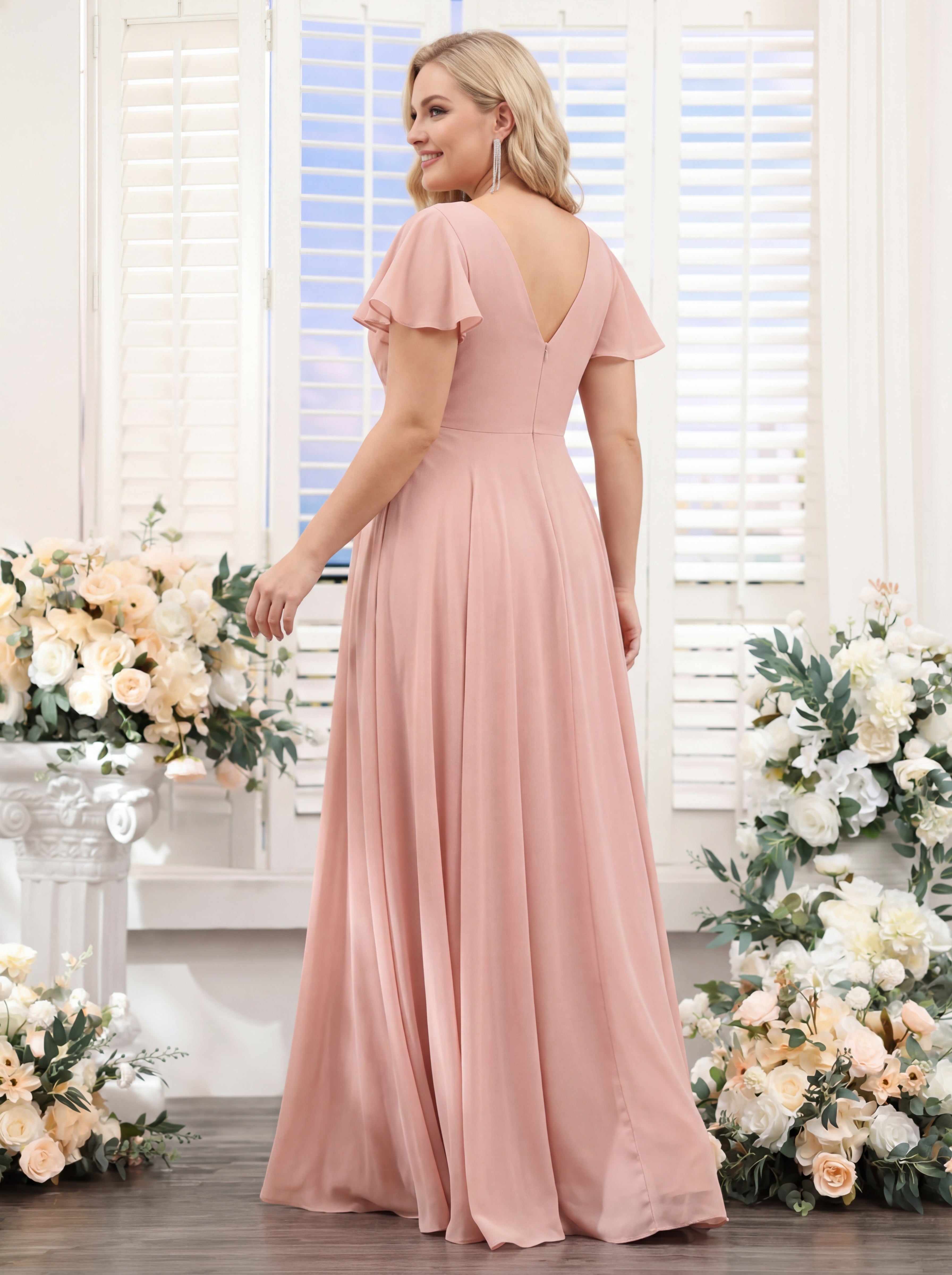 A-Line V-Neck Short Sleeves Split Side Chiffon Plus Size Bridesmaid Dresses