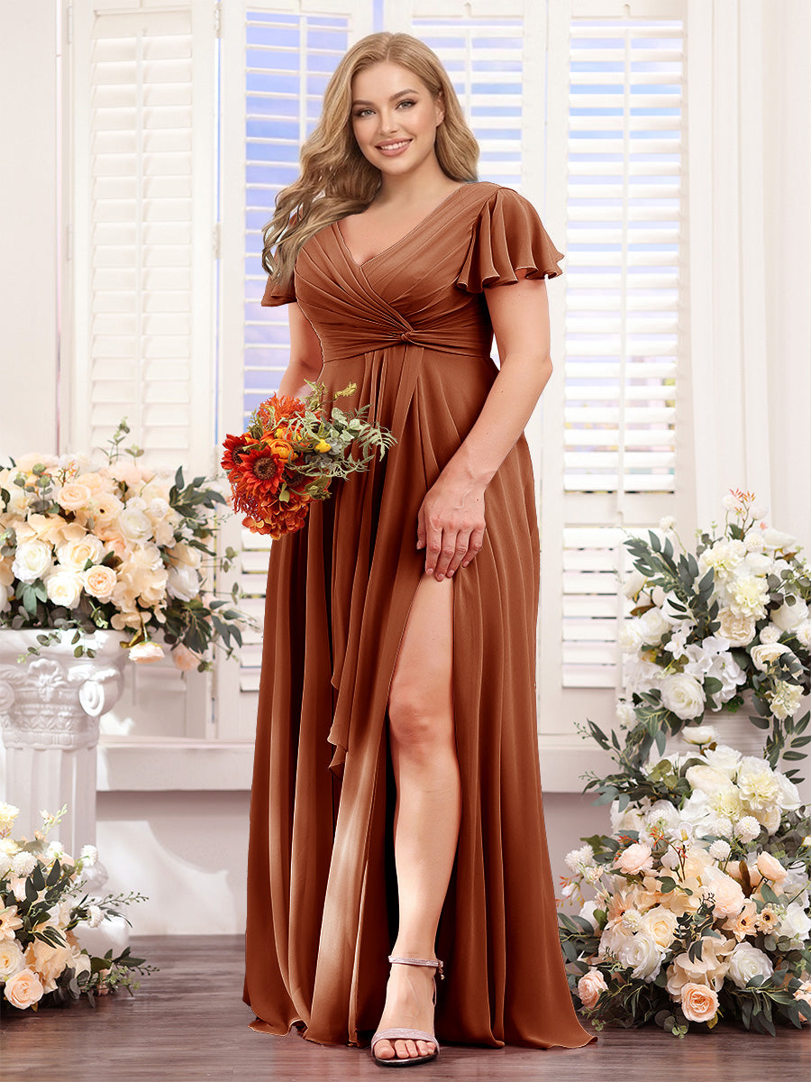 A-Line V-Neck Short Sleeves Split Side Chiffon Plus Size Bridesmaid Dresses