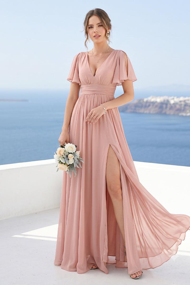 A-Line V-Neck Short Sleeves Split Side Floor-Length Chiffon Bridesmaid Dresses