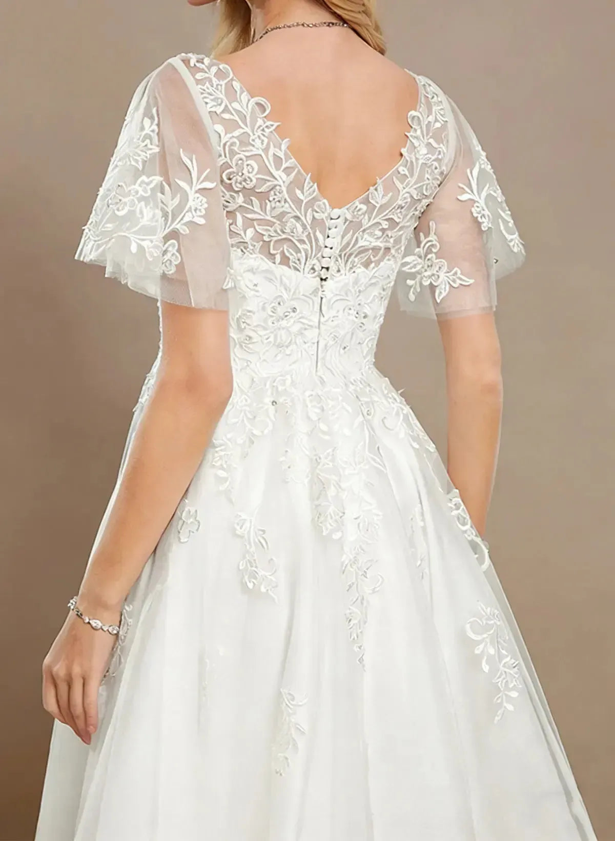 A Line V Neck Short Sleeves Tea Length Satin Wedding Dress with Appliques