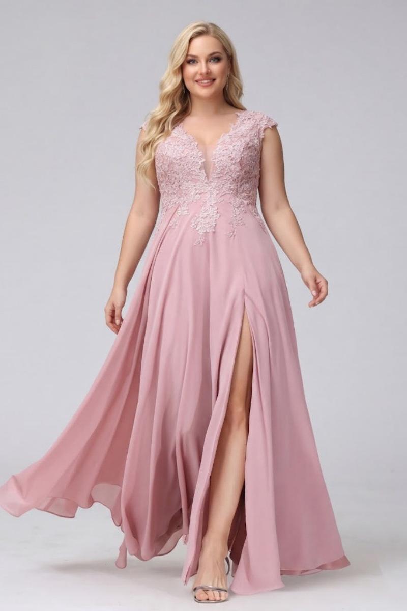 A-Line V-Neck Sleeveless Chiffon Long Plus Size Bridesmaid Dresses With Applique Split Side
