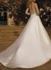 A Line V Neck Sleeveless Court Train Satin Wedding Dress With Lace