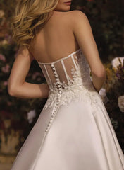 A Line V Neck Sleeveless Court Train Satin Wedding Dress With Lace