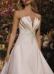 A Line V Neck Sleeveless Court Train Satin Wedding Dress With Lace