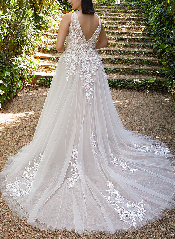 A Line V Neck Sleeveless Court Train Tulle Wedding Dress With Appliques Lace