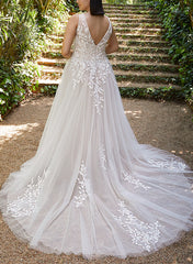 A Line V Neck Sleeveless Court Train Tulle Wedding Dress With Appliques Lace
