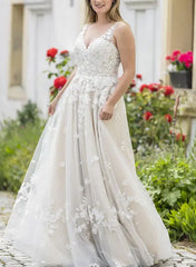 A Line V Neck Sleeveless Lace Wedding Dress With Appliques Lace