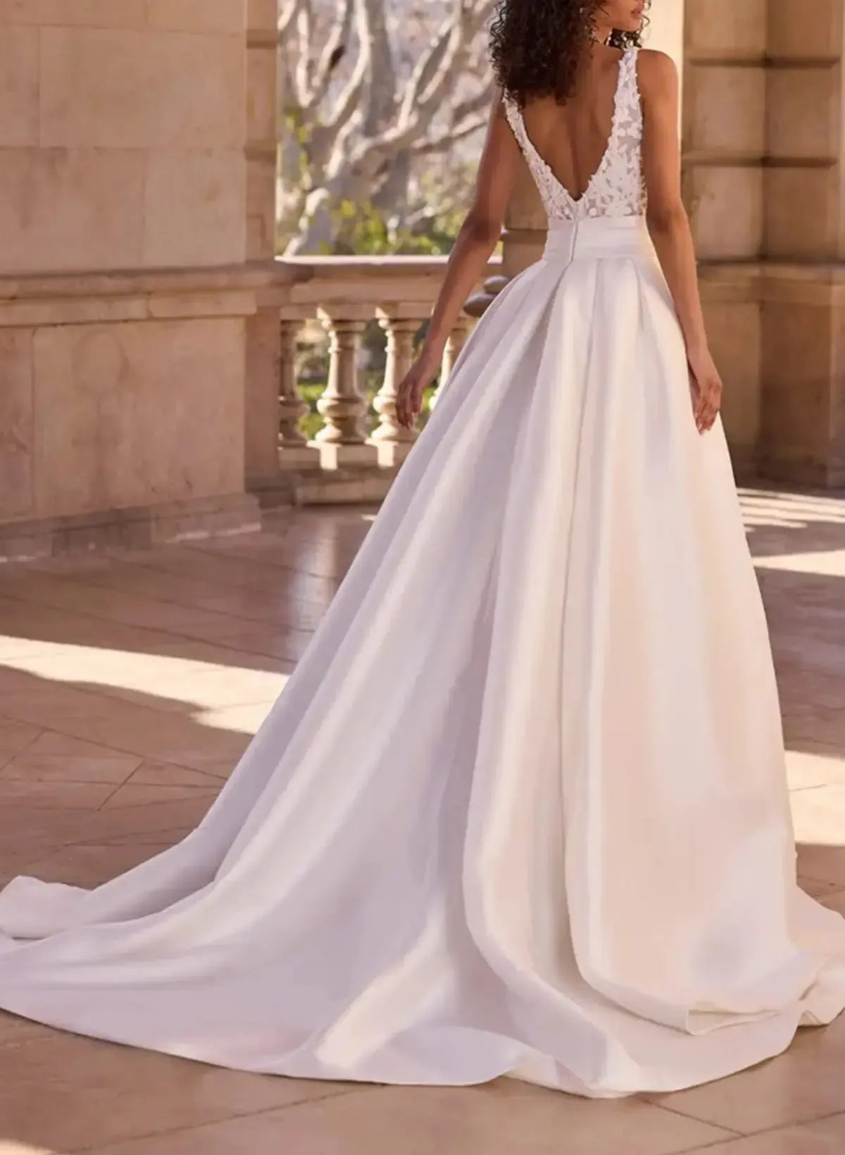 A Line V Neck Sleeveless Sweep Train Satin Wedding Dress with Appliques