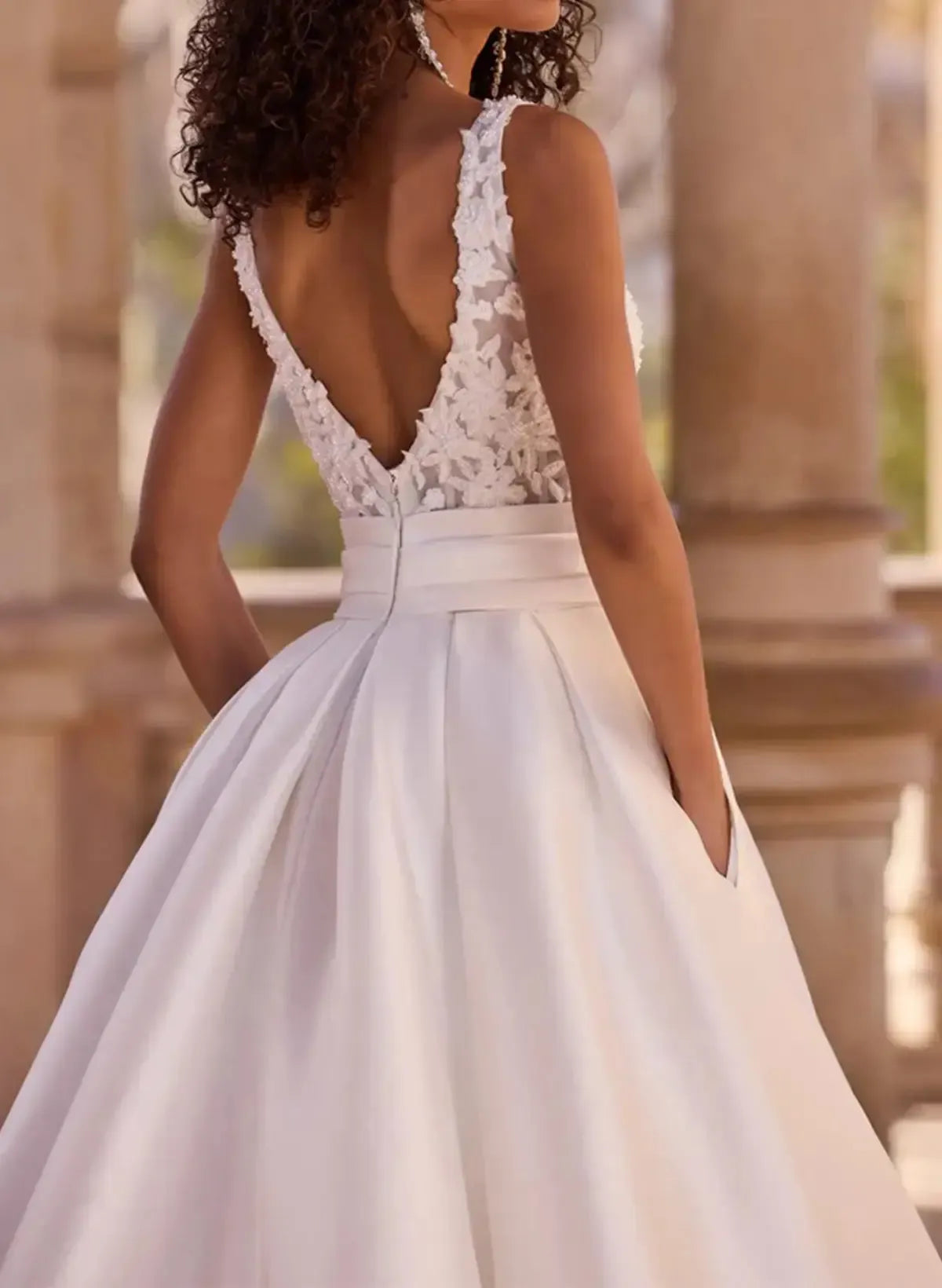 A Line V Neck Sleeveless Sweep Train Satin Wedding Dress with Appliques