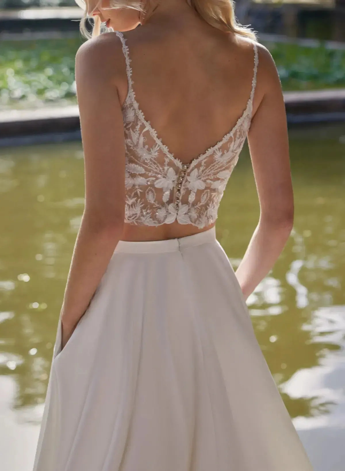 A Line V Neck Sleeveless Sweep Train Wedding Dress