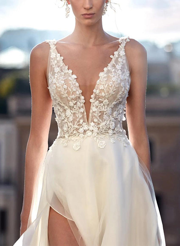 A Line V Neck Sleeveless Tulle Wedding Dress With Appliques Lace