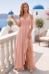A-Line V-Neck Spaghetti Straps Short Sleeves Asymmetrical Chiffon Bridesmaid Dresses