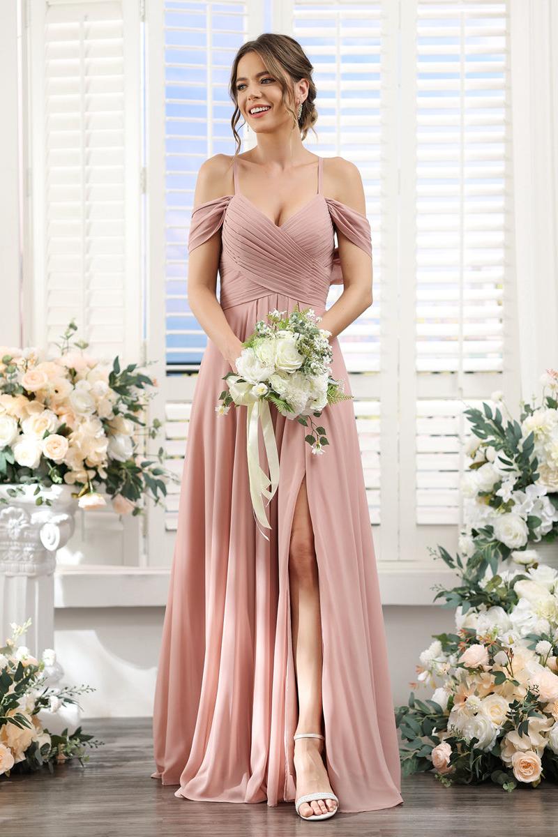 A-Line V-Neck Spaghetti Straps Split Side Floor-Length Chiffon Bridesmaid Dresses