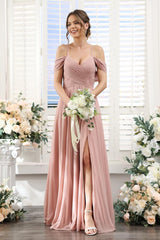 A-Line V-Neck Spaghetti Straps Split Side Floor-Length Chiffon Bridesmaid Dresses