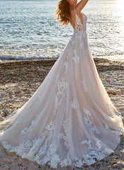 A Line V Neck Sweep Train Tulle Bridal Gown