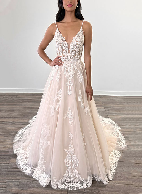 A Line V Neck Sweep Train Tulle Bridal Gown
