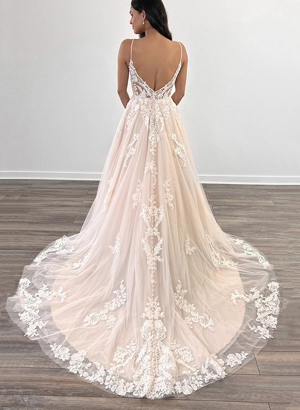 A Line V Neck Sweep Train Tulle Bridal Gown