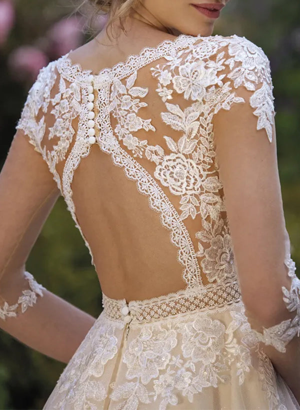A Line V Neck Wedding Dress With 3/4 Sleeves Lace/Tulle Appliques Lace/Back Hole
