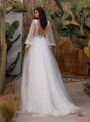 A Line V neck Long Sleeves Sweep Train Tulle Wedding Dress With Lace