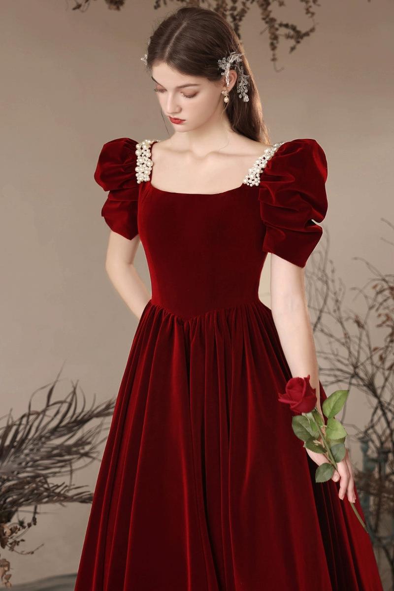 A Line Velvet Formal Dress Burgundy Long Evening Dress