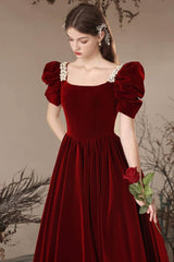 A Line Velvet Formal Dress Burgundy Long Evening Dress