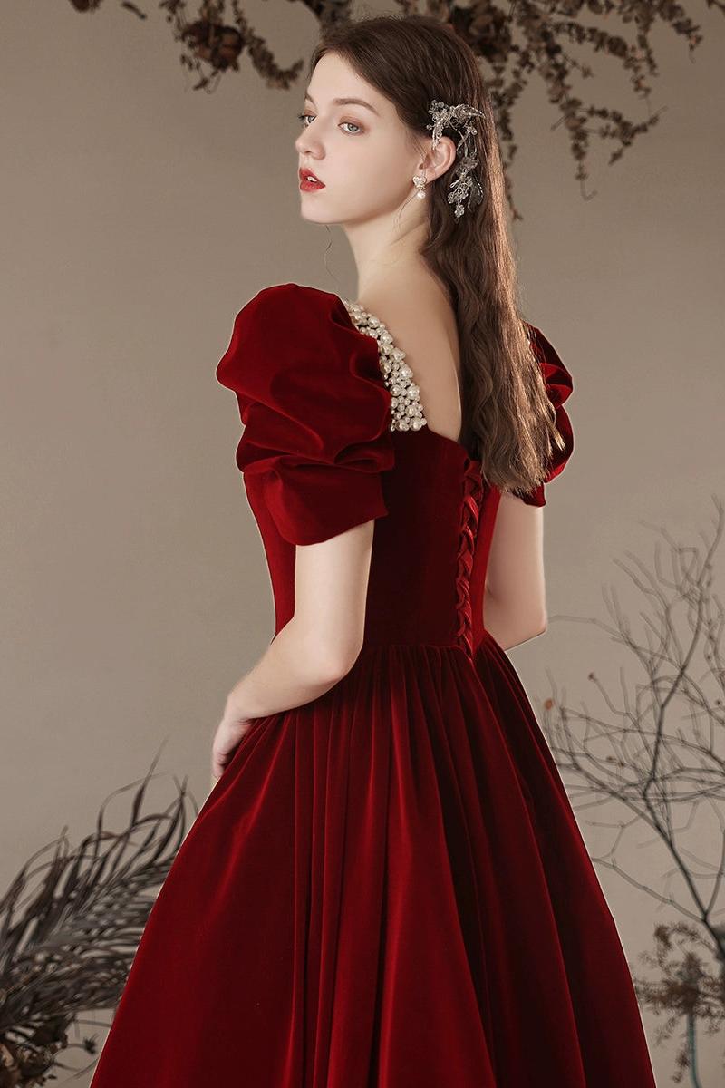 A Line Velvet Formal Dress Burgundy Long Evening Dress