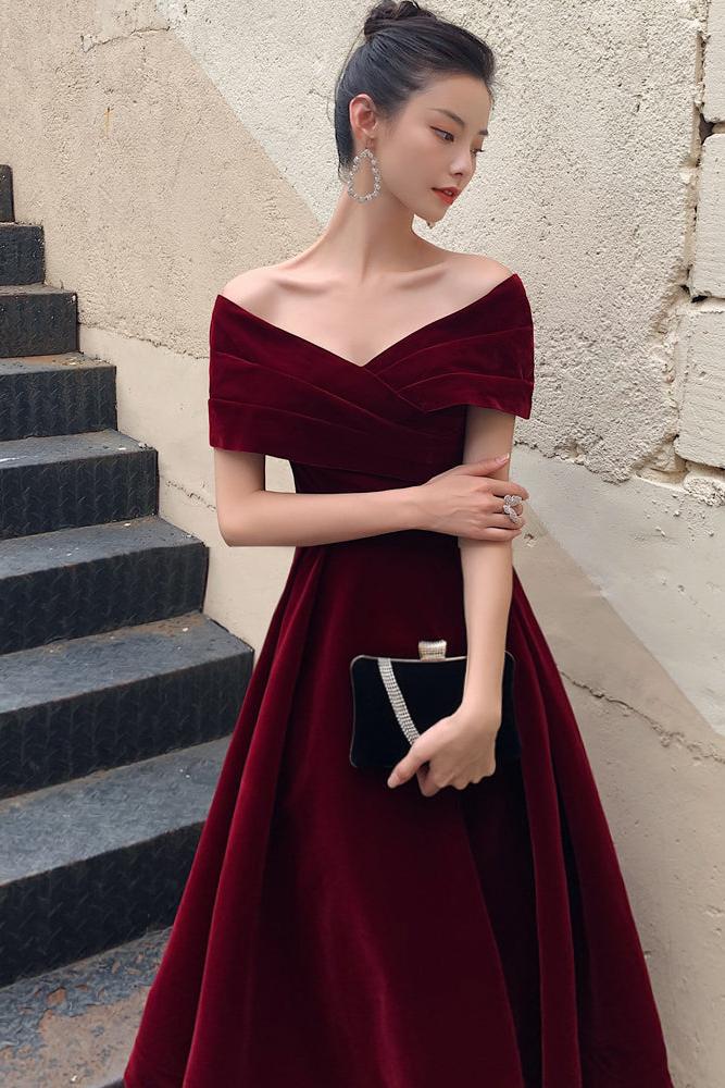 A Line Velvet Formal Dress Burgundy Off the Shoulder Tea Length Evening Dress