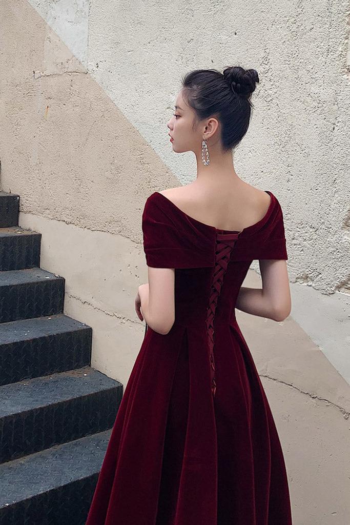 A Line Velvet Formal Dress Burgundy Off the Shoulder Tea Length Evening Dress