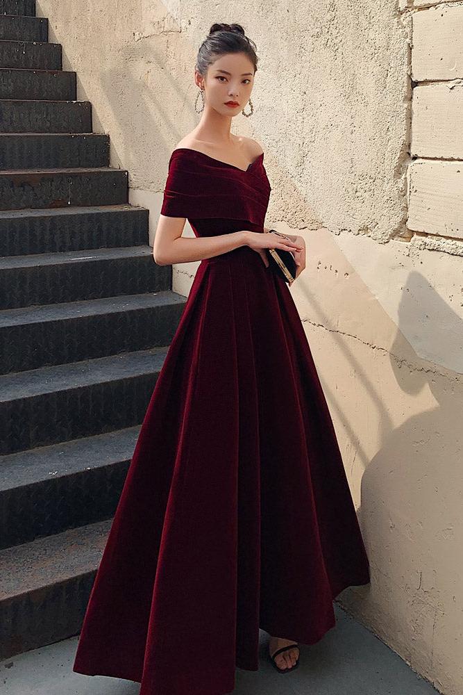 A Line Velvet Formal Dress Burgundy Off the Shoulder Tea Length Evening Dress