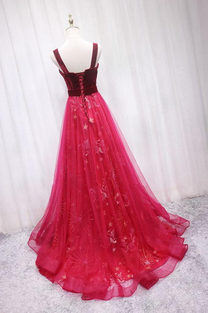 A Line Velvet Formal Dress Burgundy Tulle Lace Long Evening Dress