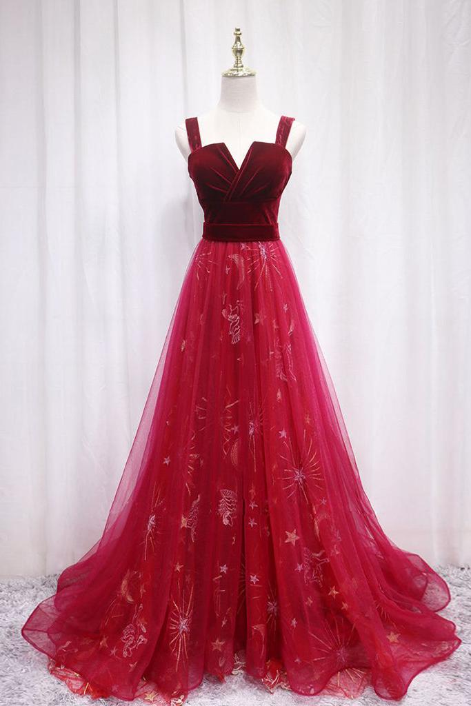 A Line Velvet Formal Dress Burgundy Tulle Lace Long Evening Dress