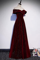 A Line Velvet Formal Dress Off the Shoulder Burgundy Long Evening Dress