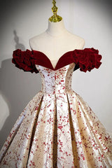 A Line Velvet Formal Dress Off the Shoulder Satin/Champagne Long Evening Dress