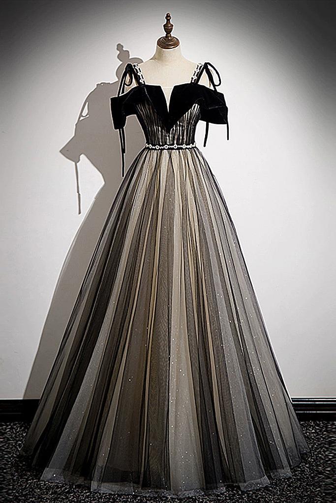 A Line Velvet Formal Dress Off the Shoulder Tulle Black Long Evening Dress