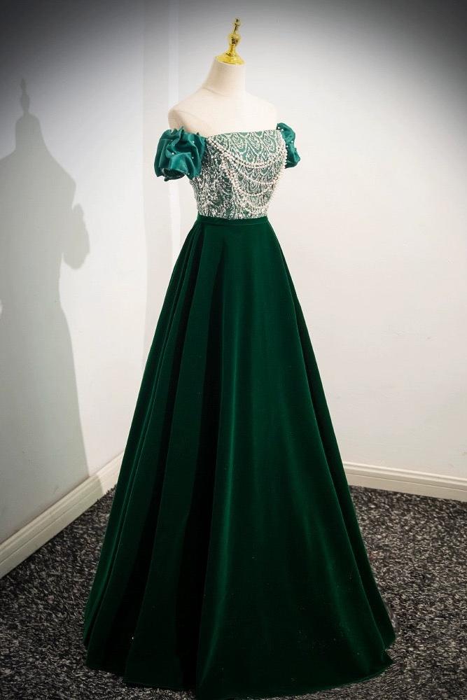 A Line Velvet Formal Dress Sequin Beaded Green Long Christmas Party Dress