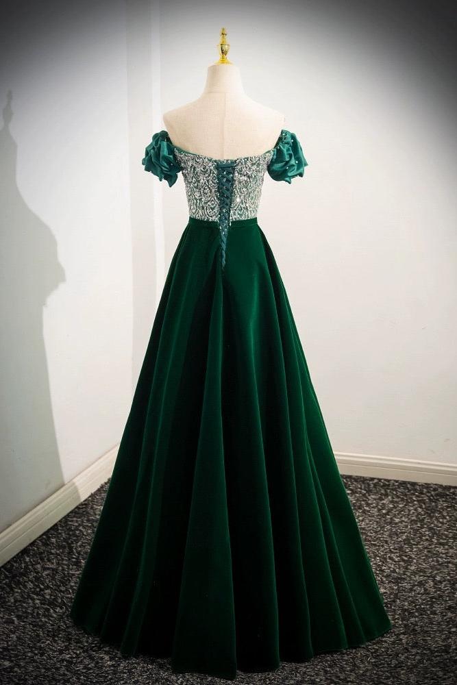 A Line Velvet Formal Dress Sequin Beaded Green Long Christmas Party Dress