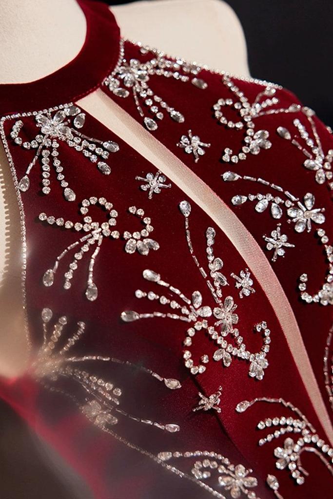 A Line Velvet Formal Dress Sequin Burgundy Long Evening Dress