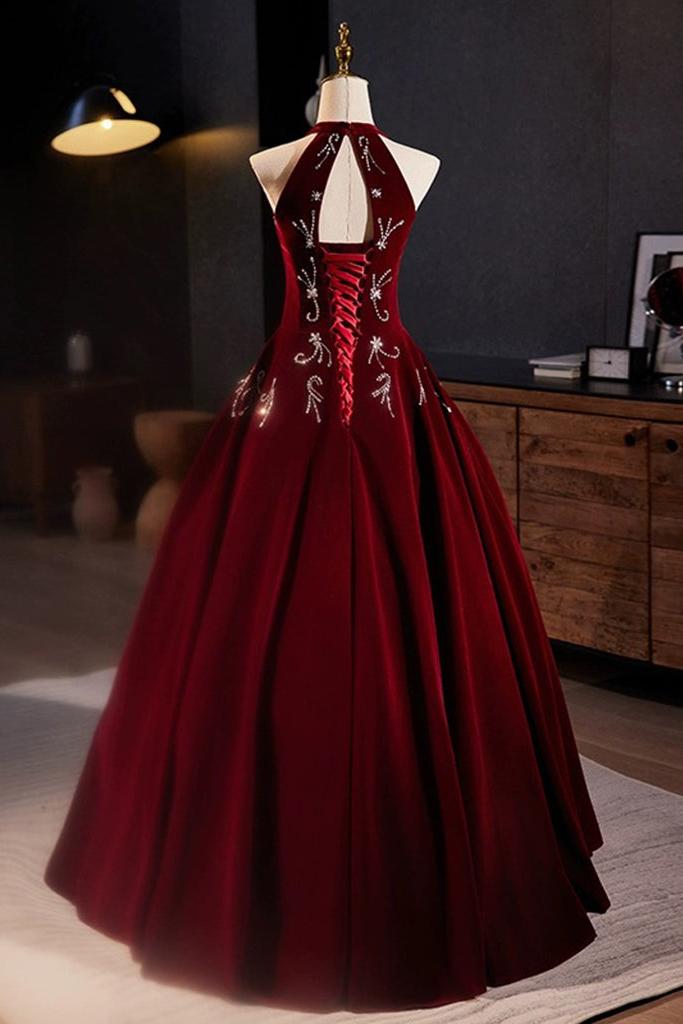 A Line Velvet Formal Dress Sequin Burgundy Long Evening Dress