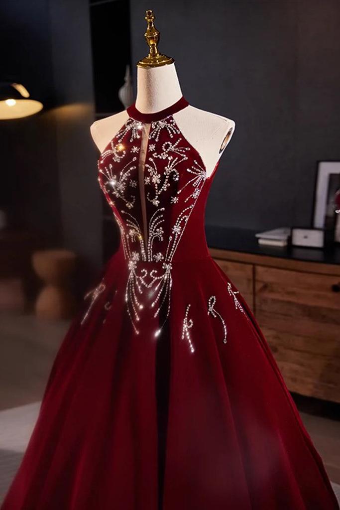 A Line Velvet Formal Dress Sequin Burgundy Long Evening Dress