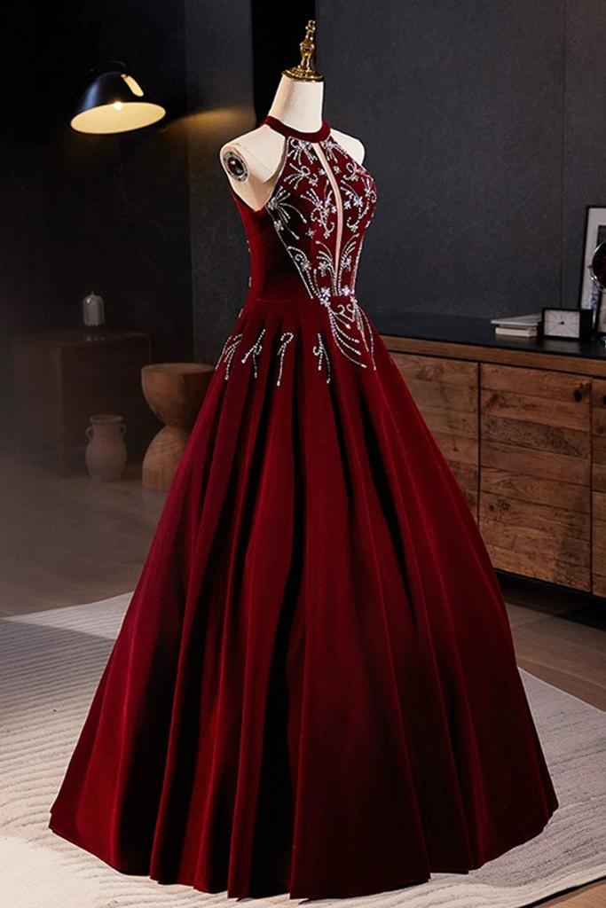 A Line Velvet Formal Dress Sequin Burgundy Long Evening Dress