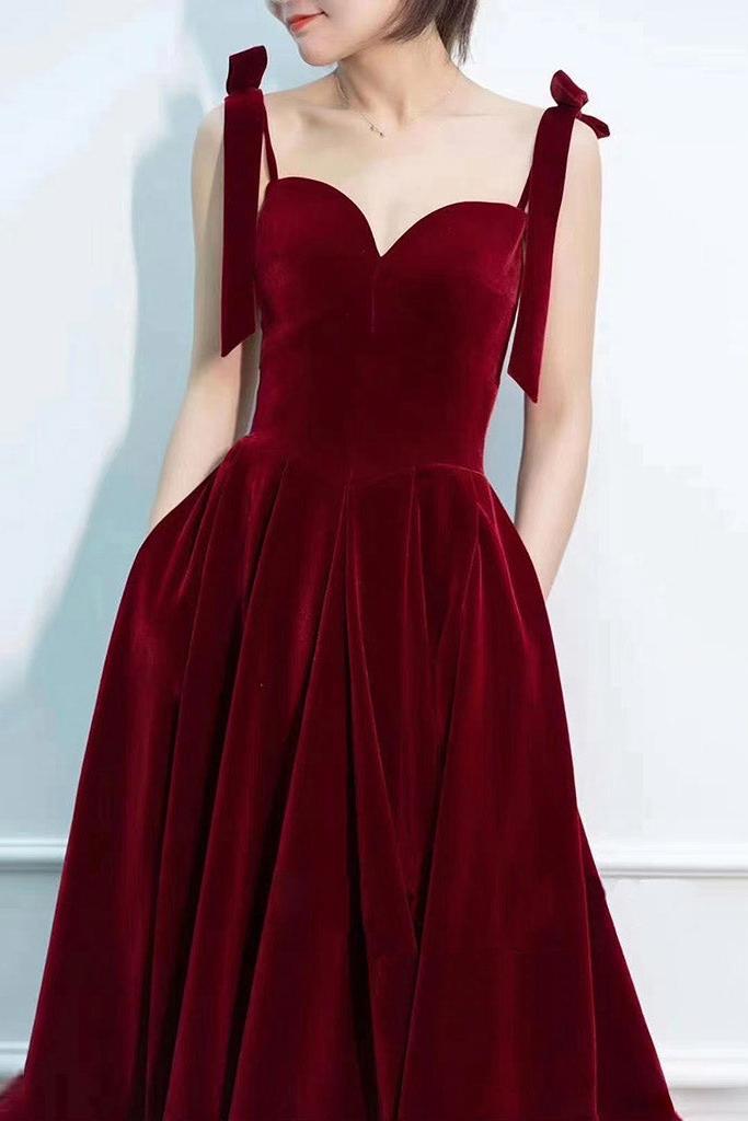 A Line Velvet Formal Dress Sweetheart Neck Burgundy Long Evening Dress