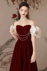 A Line Velvet Formal Dress Sweetheart Neck Burgundy Long Evening Dress