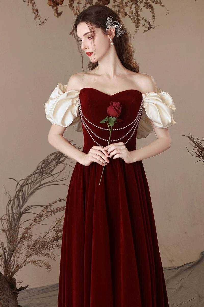A Line Velvet Formal Dress Sweetheart Neck Burgundy Long Evening Dress