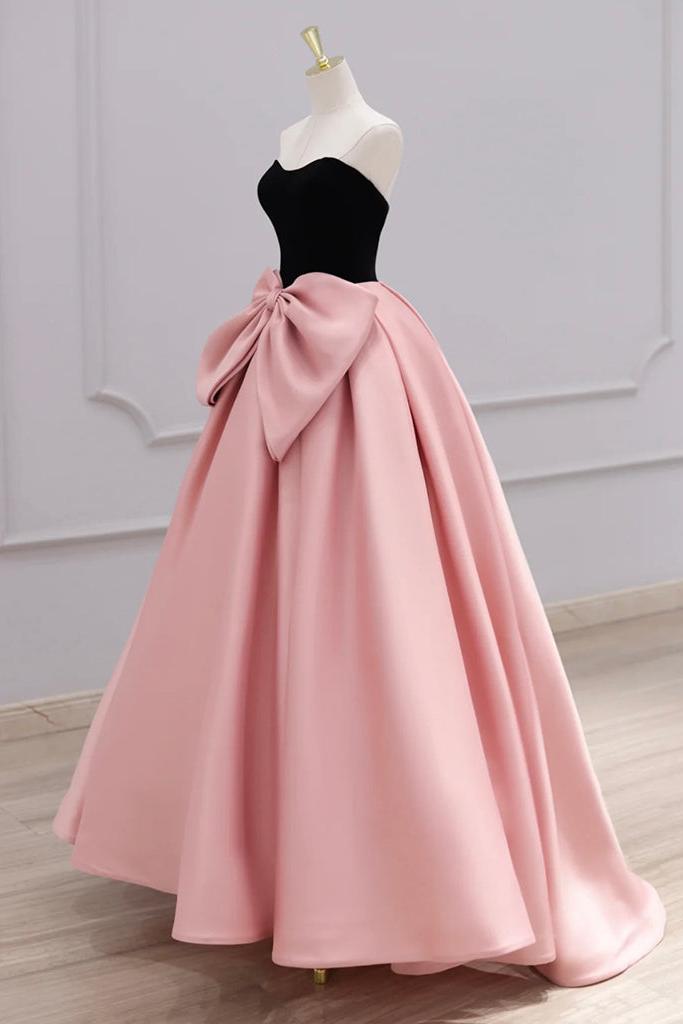 A Line Velvet Formal Dress Sweetheart Neck Satin Pink Long Evening Dress