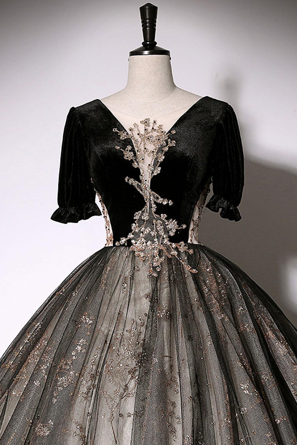 A Line Velvet Formal Dress Tulle Lace Black Long Christmas Party Dress