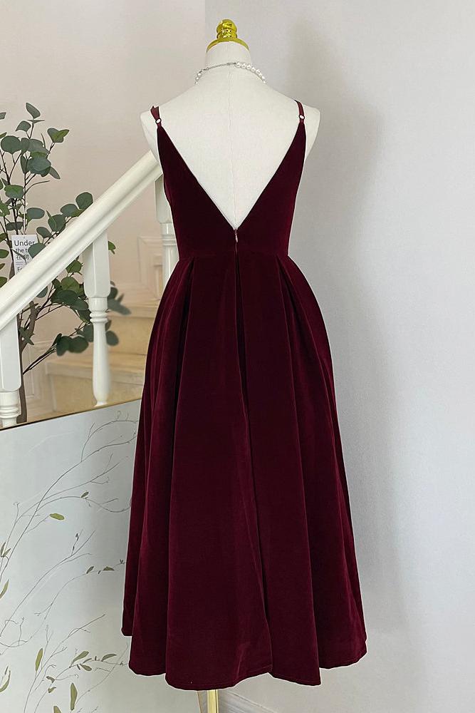 A Line Velvet Formal Dress V Neck Burgundy Tea Length Evening Dress