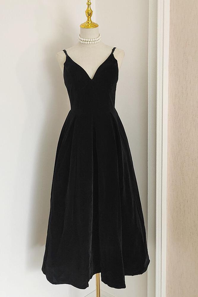 A Line Velvet Formal Dress V Neck Burgundy Tea Length Evening Dress