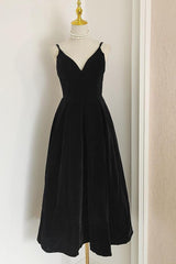 A Line Velvet Formal Dress V Neck Burgundy Tea Length Evening Dress