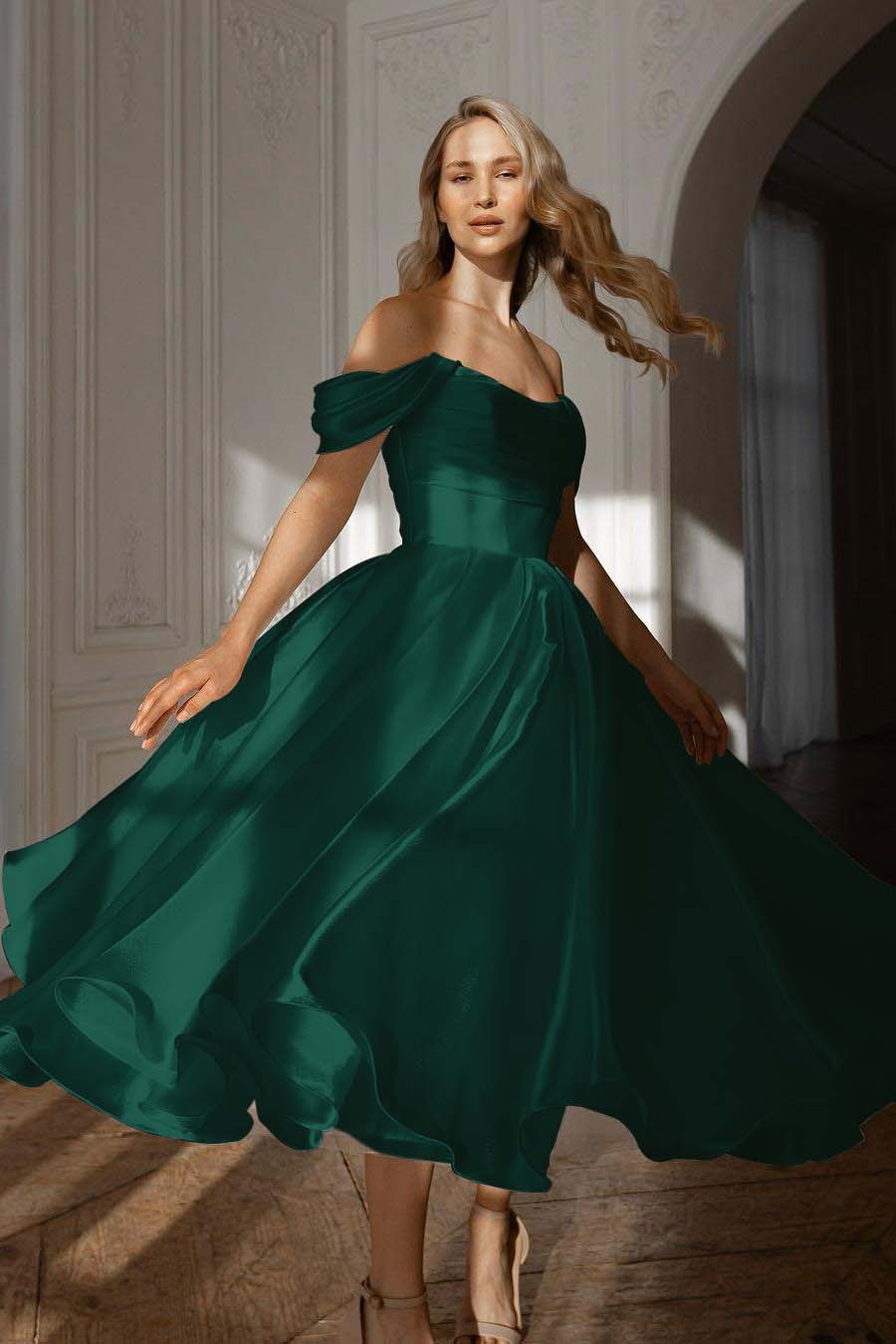 A Line Wedding Dress Cap Sleeve Off the Shoulder Organza Tea Length Formal Gown